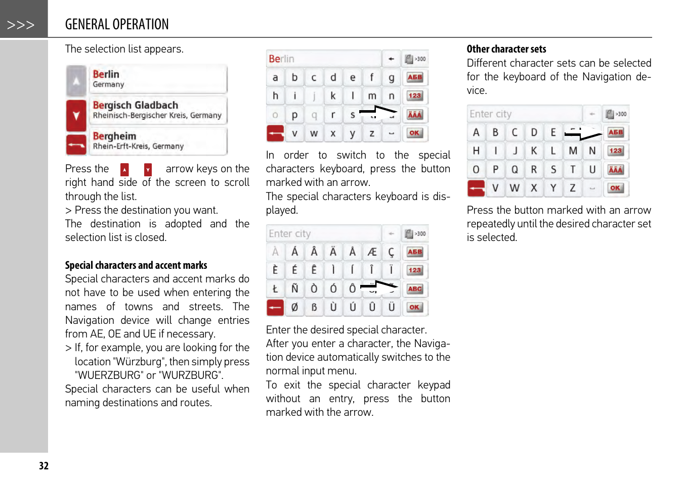 Special characters and accent marks, Other character sets, General operation | Becker mamba.4 LMU plus User Manual | Page 32 / 110