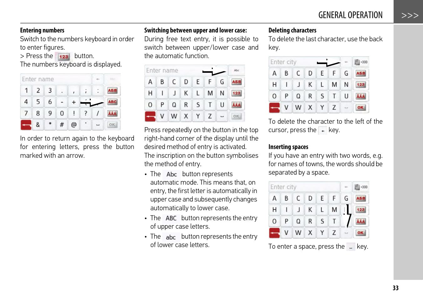 Entering numbers, Switching between upper and lower case, Deleting characters | Inserting spaces, General operation | Becker mamba.4 LMU plus User Manual | Page 33 / 110