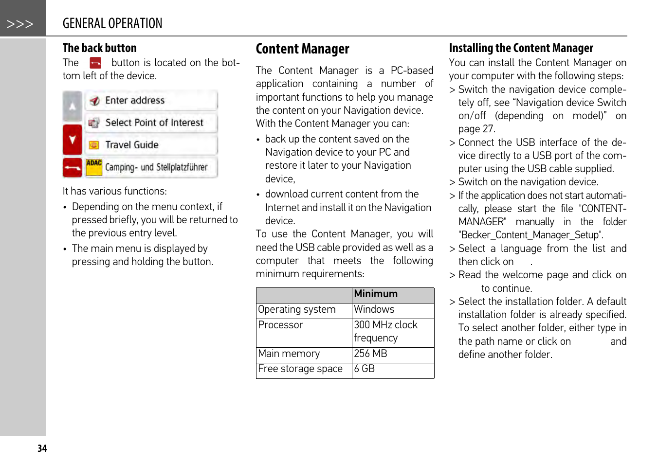 The back button, Content manager, Installing the content manager | General operation | Becker mamba.4 LMU plus User Manual | Page 34 / 110