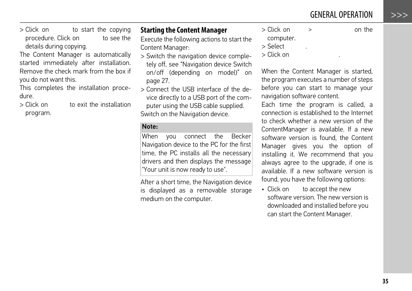 Starting the content manager, General operation | Becker mamba.4 LMU plus User Manual | Page 35 / 110