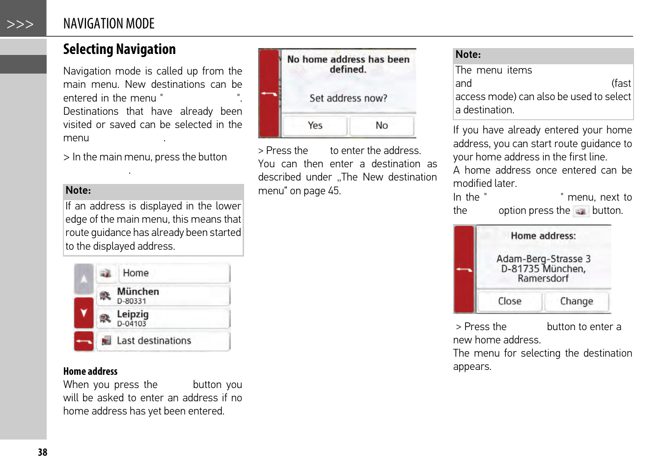 Selecting navigation, Home address, Navigation mode selecting navigation | Becker mamba.4 LMU plus User Manual | Page 38 / 110