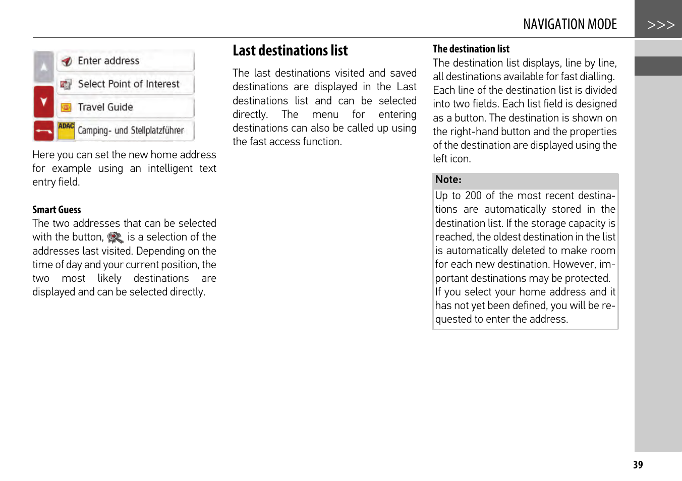 Smart guess, Last destinations list, The destination list | Navigation mode | Becker mamba.4 LMU plus User Manual | Page 39 / 110