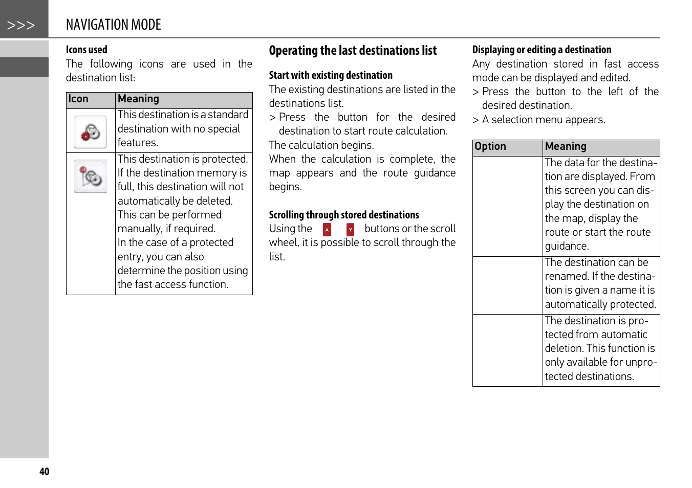 Icons used, Operating the last destinations list, Start with existing destination | Scrolling through stored destinations, Displaying or editing a destination, Navigation mode | Becker mamba.4 LMU plus User Manual | Page 40 / 110