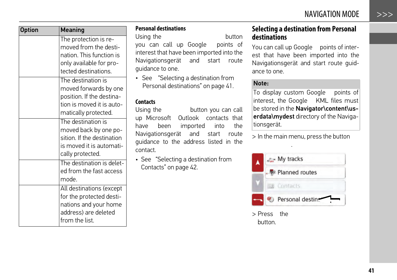 Personal destinations, Contacts, Selecting a destination from personal destinations | Navigation mode | Becker mamba.4 LMU plus User Manual | Page 41 / 110