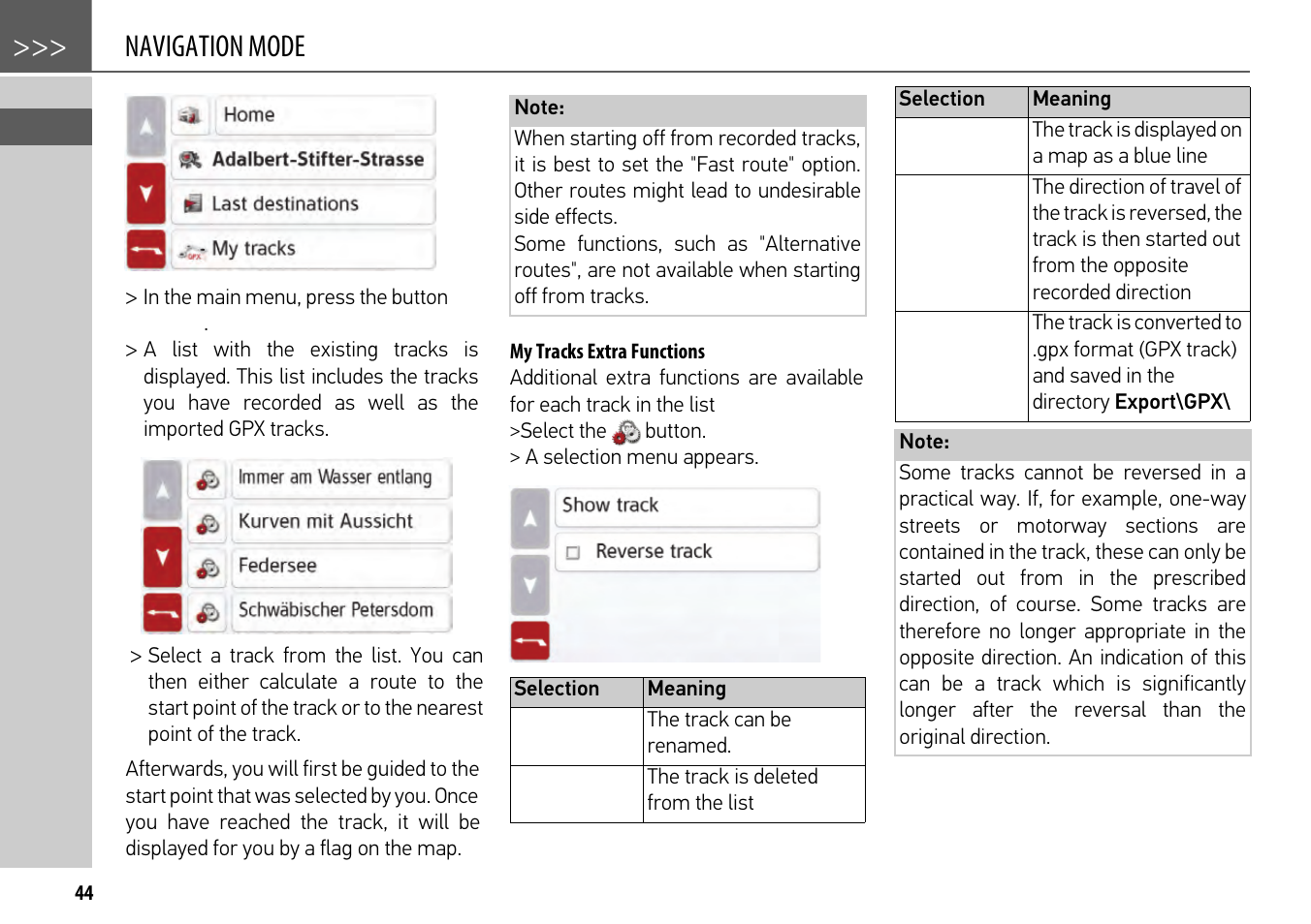 My tracks extra functions, Navigation mode | Becker mamba.4 LMU plus User Manual | Page 44 / 110