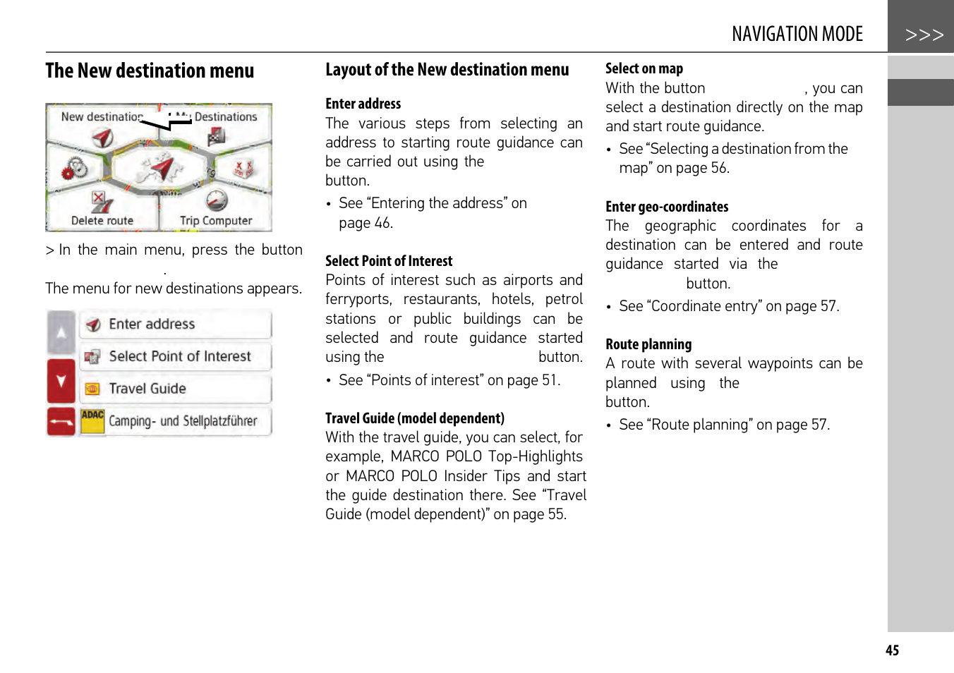 The new destination menu, Layout of the new destination menu, Enter address | Select point of interest, Travel guide (model dependent), Select on map, Enter geo-coordinates, Route planning, The new destination, Menu | Becker mamba.4 LMU plus User Manual | Page 45 / 110