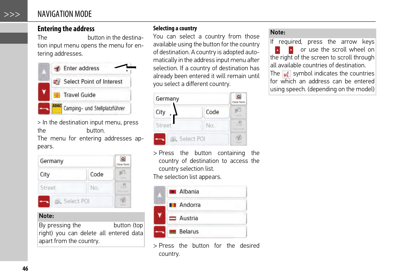 Entering the address, Selecting a country, Navigation mode | Becker mamba.4 LMU plus User Manual | Page 46 / 110