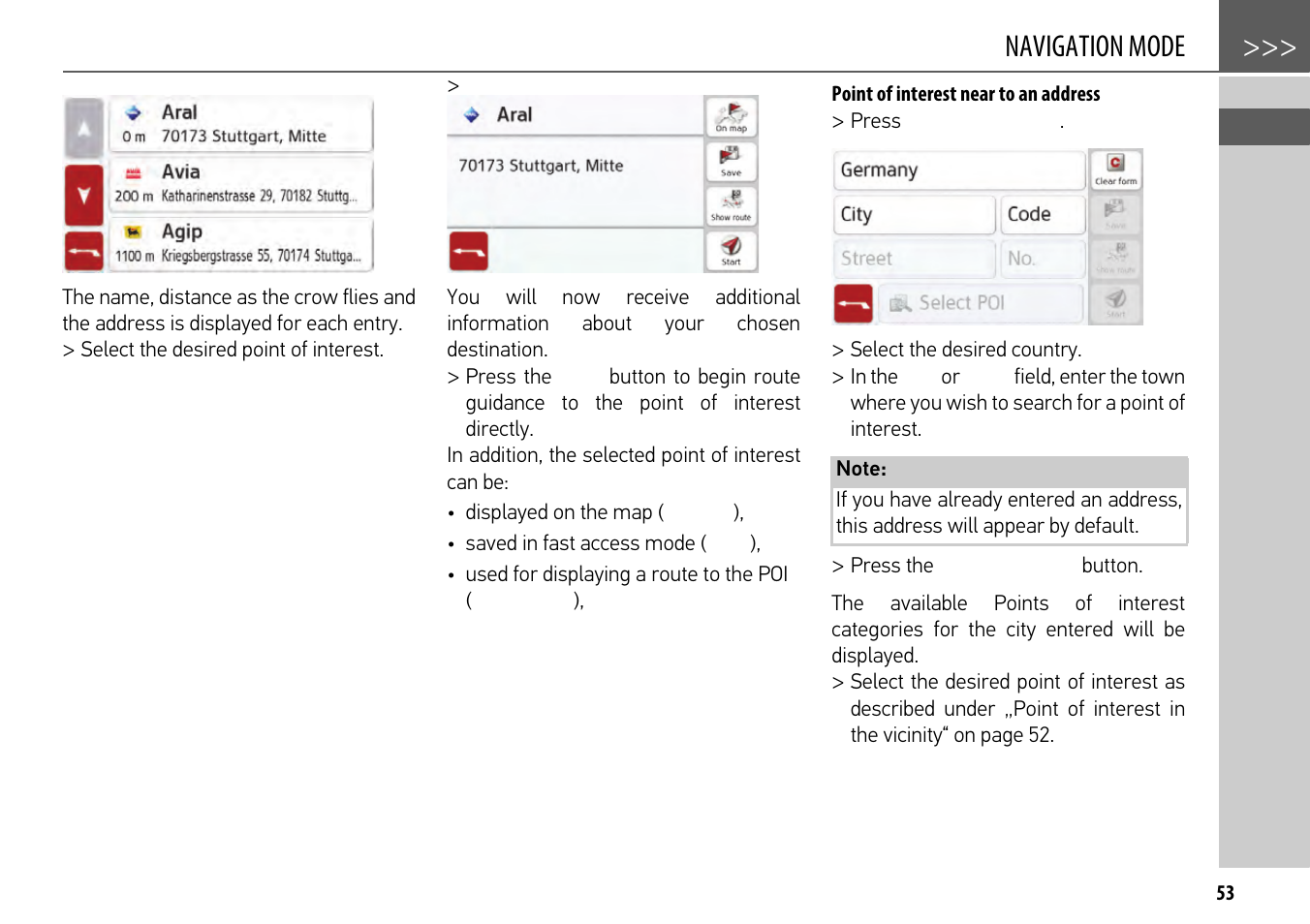 Point of interest near to an address, Navigation mode | Becker mamba.4 LMU plus User Manual | Page 53 / 110