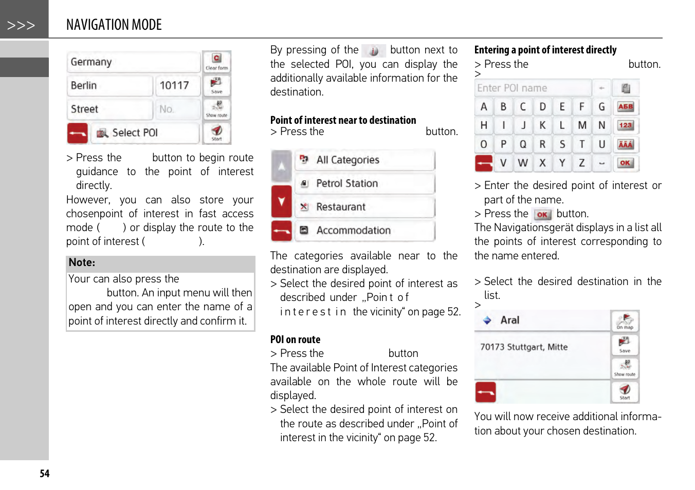 Point of interest near to destination, Poi on route, Entering a point of interest directly | Navigation mode | Becker mamba.4 LMU plus User Manual | Page 54 / 110