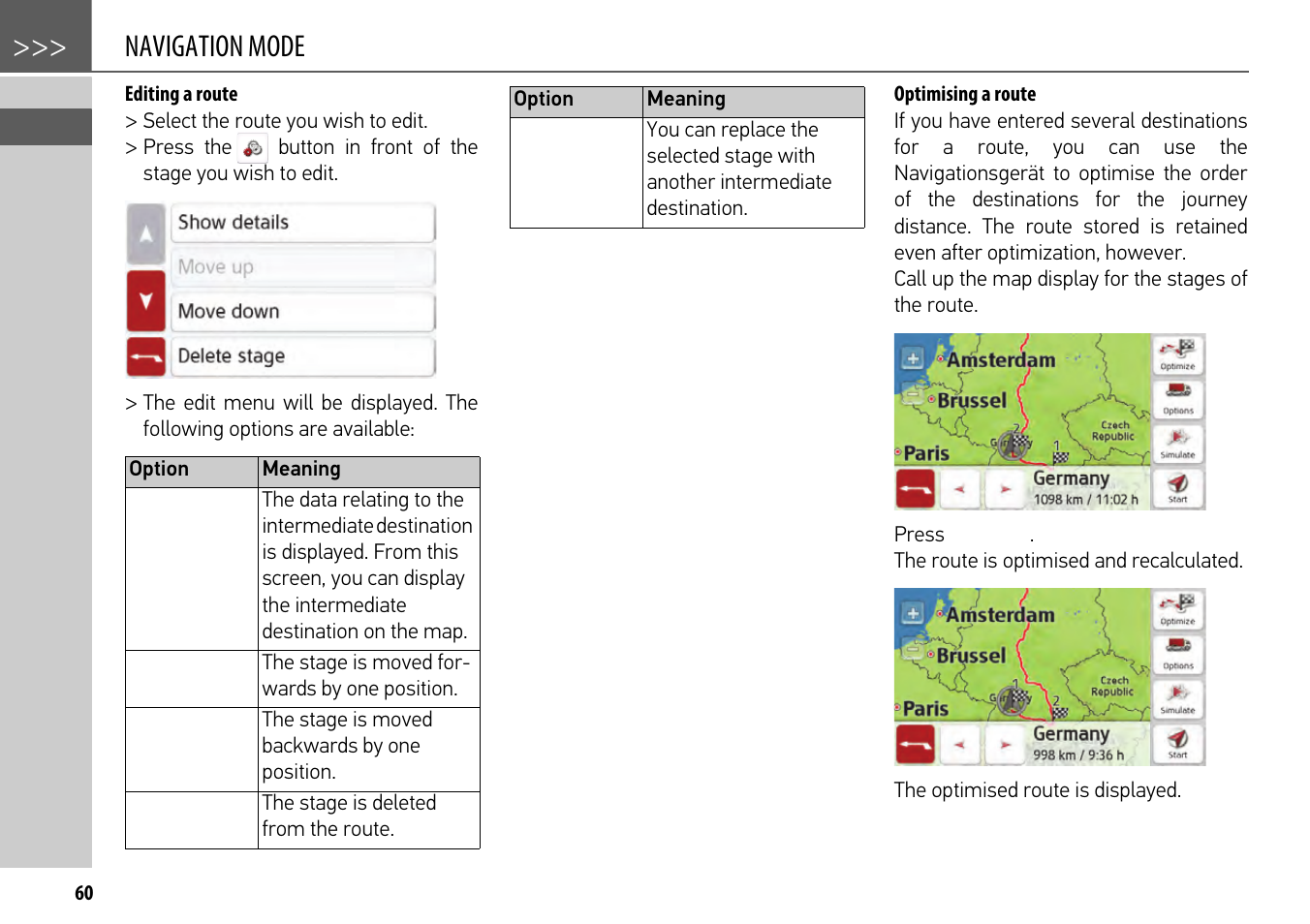 Editing a route, Optimising a route, Navigation mode | Becker mamba.4 LMU plus User Manual | Page 60 / 110