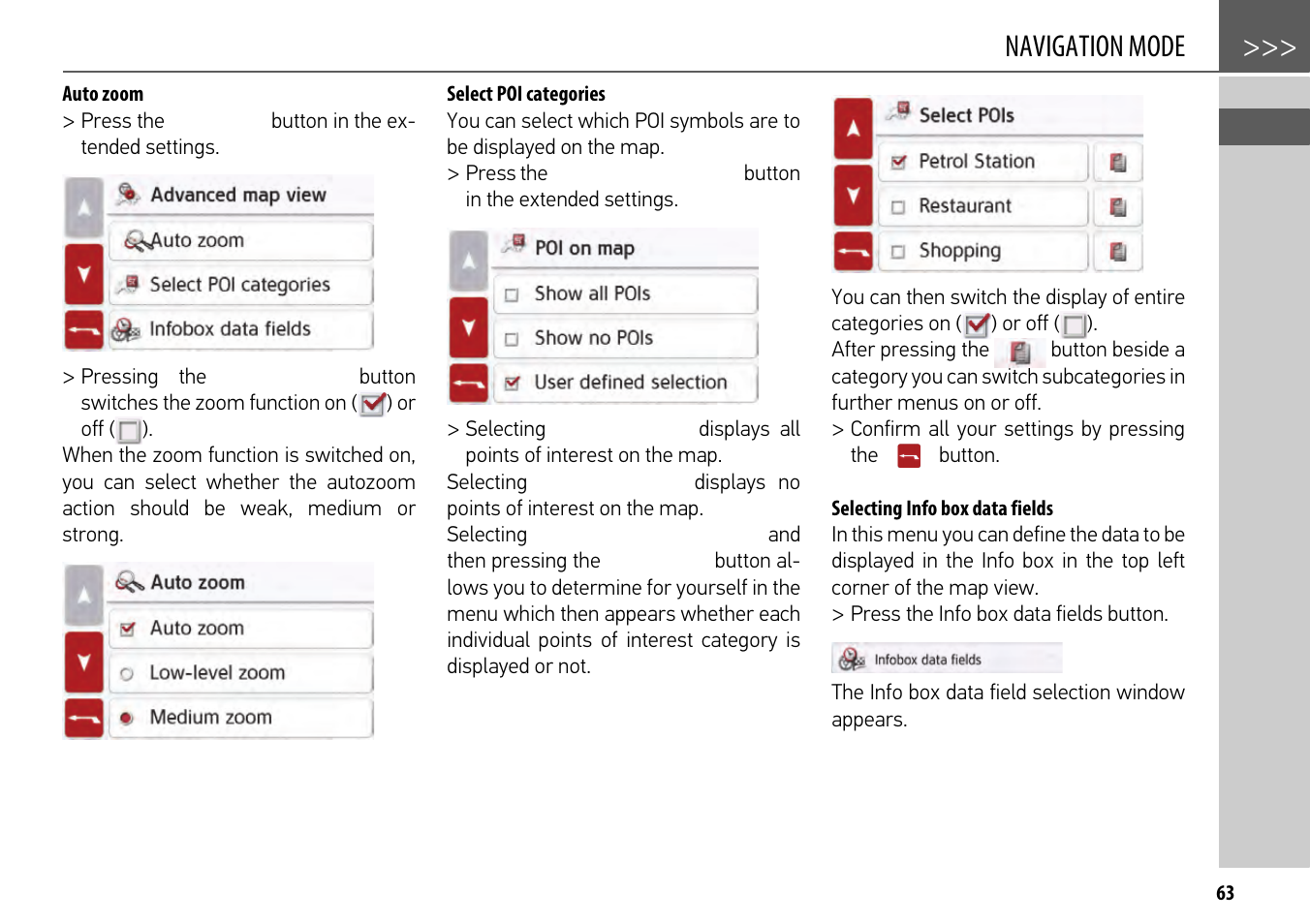 Auto zoom, Select poi categories, Selecting info box data fields | Navigation mode | Becker mamba.4 LMU plus User Manual | Page 63 / 110