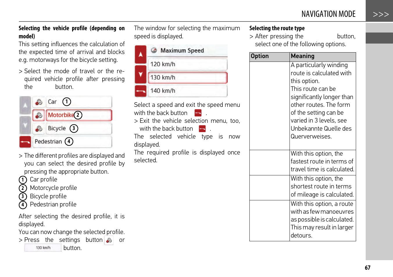 Selecting the vehicle profile (depending on model), Selecting the route type, Navigation mode | Becker mamba.4 LMU plus User Manual | Page 67 / 110