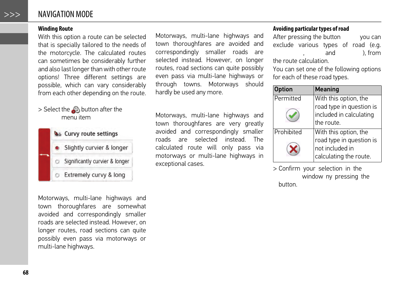 Winding route, Avoiding particular types of road, Navigation mode | Becker mamba.4 LMU plus User Manual | Page 68 / 110