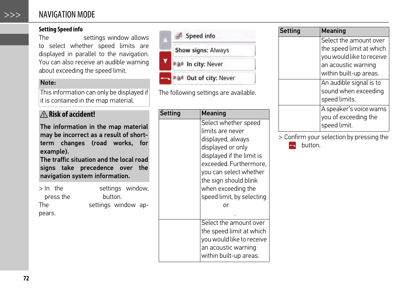 Setting speed info, Navigation mode, Risk of accident | Becker mamba.4 LMU plus User Manual | Page 72 / 110