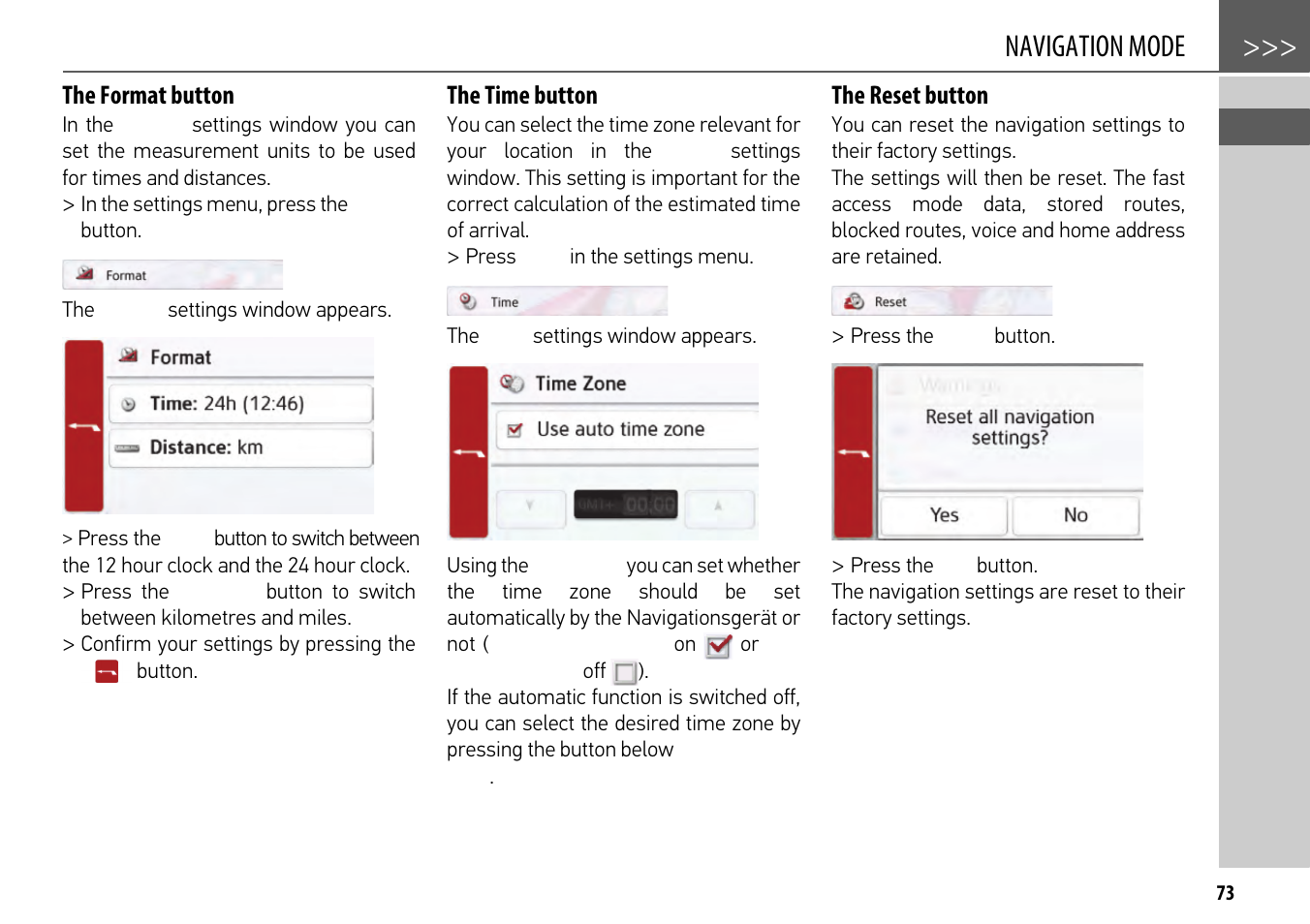 The format button, The time button, The reset button | Navigation mode | Becker mamba.4 LMU plus User Manual | Page 73 / 110