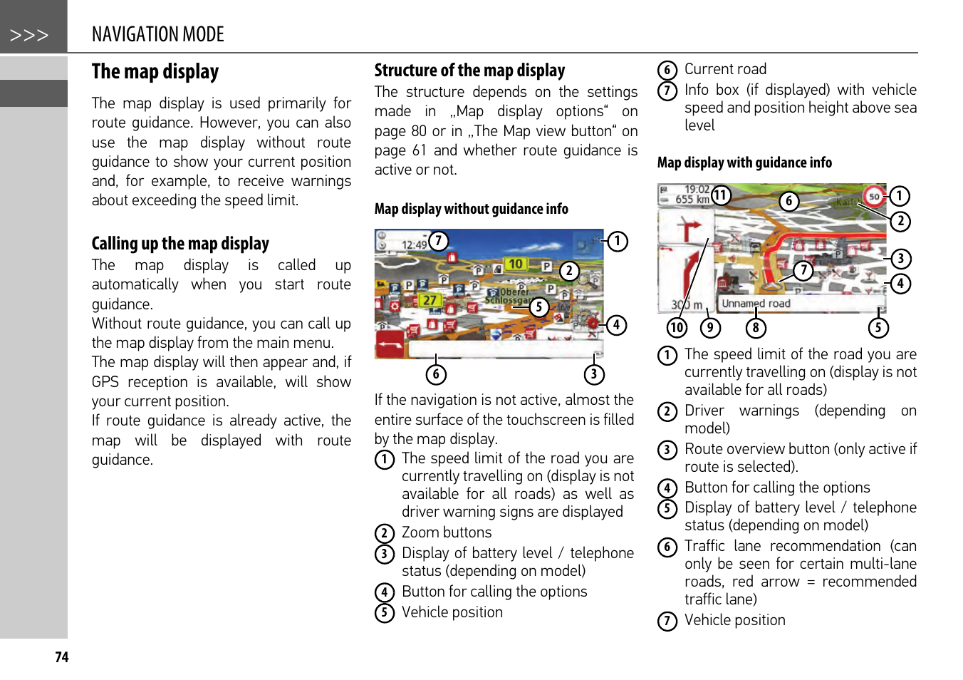 The map display, Calling up the map display, Structure of the map display | Map display without guidance info, Map display with guidance info, Navigation mode the map display | Becker mamba.4 LMU plus User Manual | Page 74 / 110