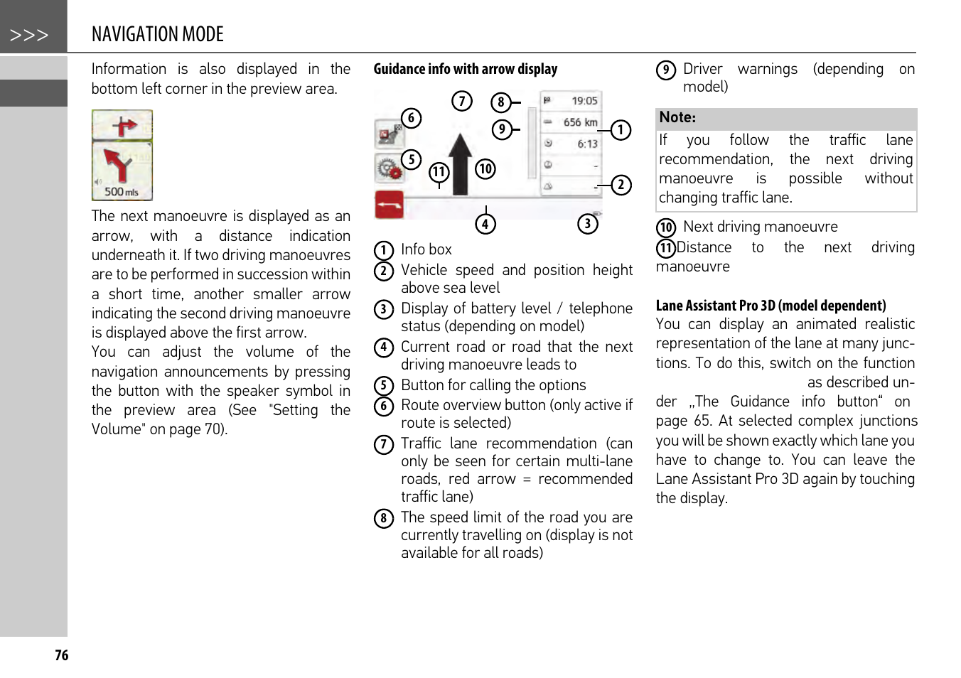 Guidance info with arrow display, Lane assistant pro 3d (model dependent), Navigation mode | Becker mamba.4 LMU plus User Manual | Page 76 / 110