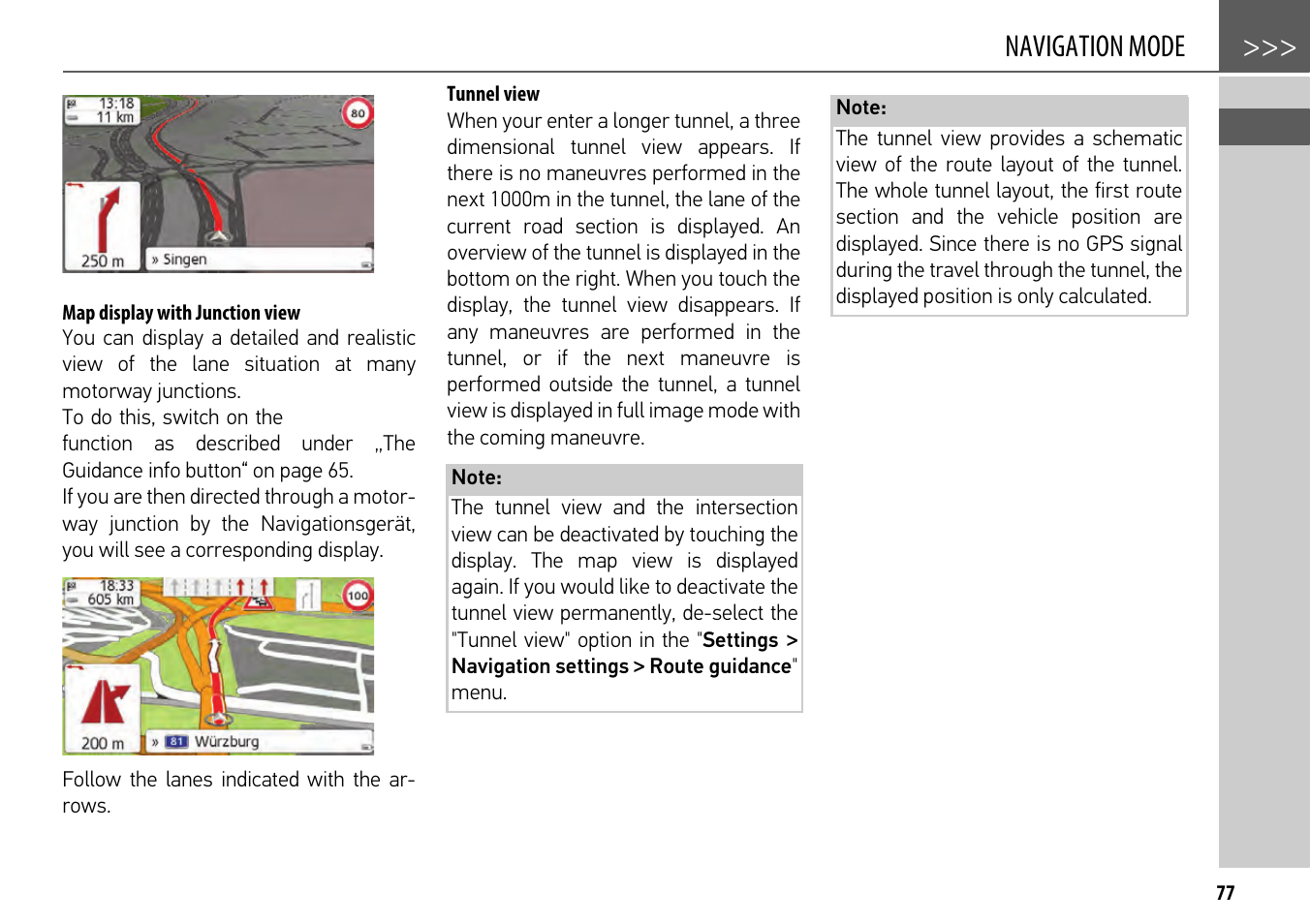 Map display with junction view, Tunnel view, Navigation mode | Becker mamba.4 LMU plus User Manual | Page 77 / 110