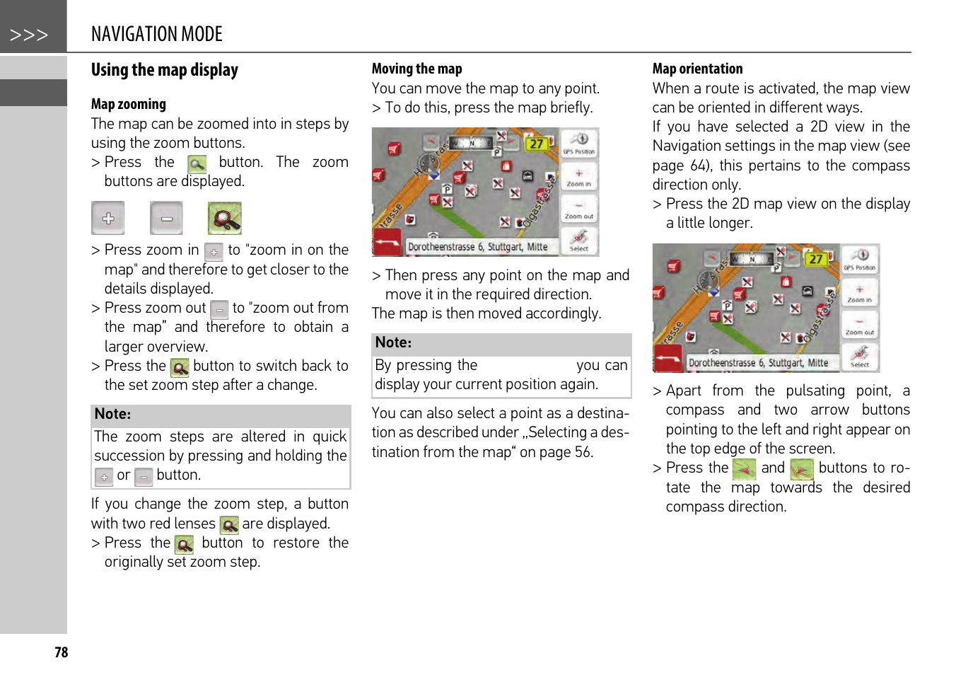 Using the map display, Map zooming, Moving the map | Map orientation, Navigation mode | Becker mamba.4 LMU plus User Manual | Page 78 / 110