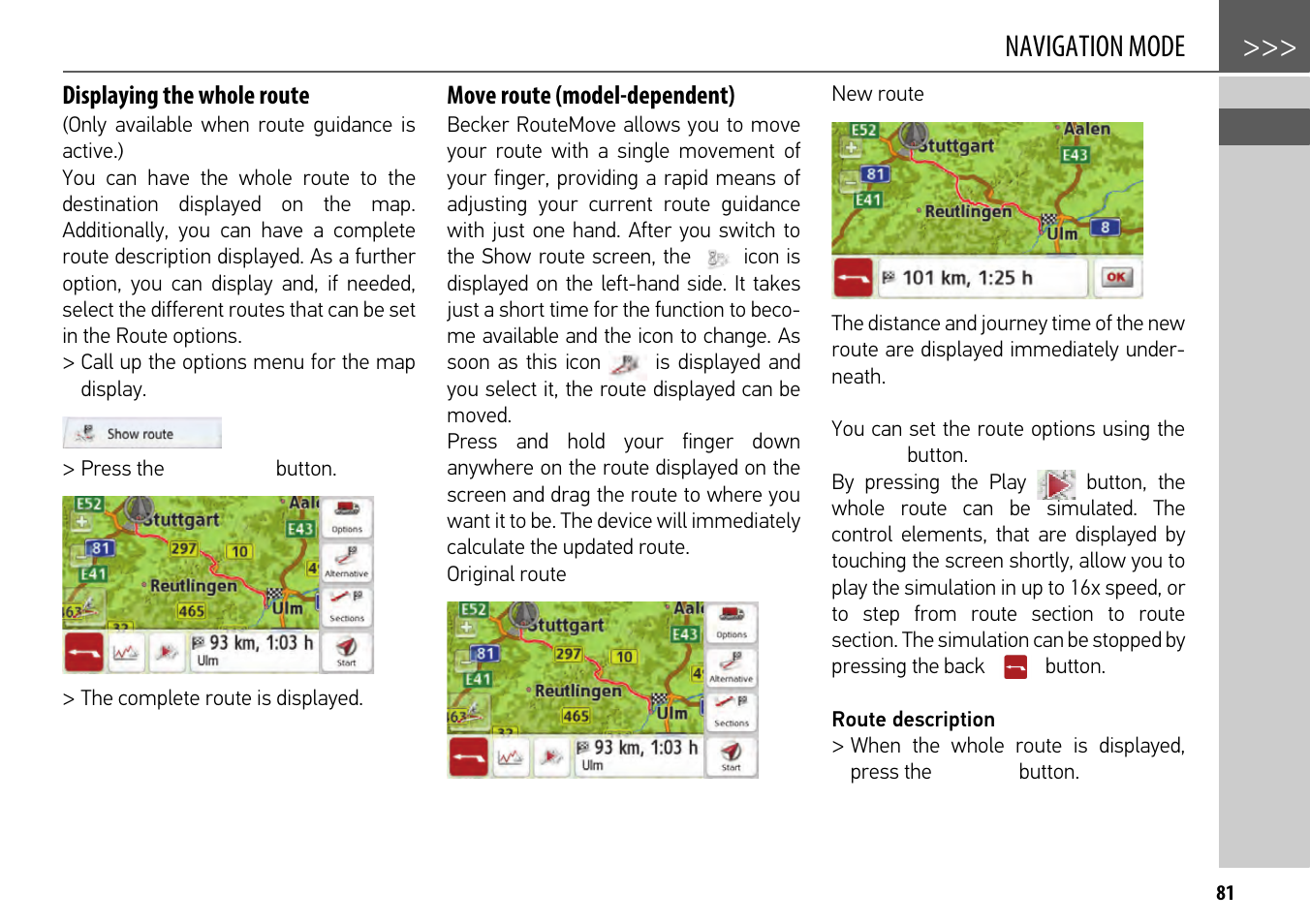 Displaying the whole route, Move route (model-dependent), Please see | Navigation mode | Becker mamba.4 LMU plus User Manual | Page 81 / 110