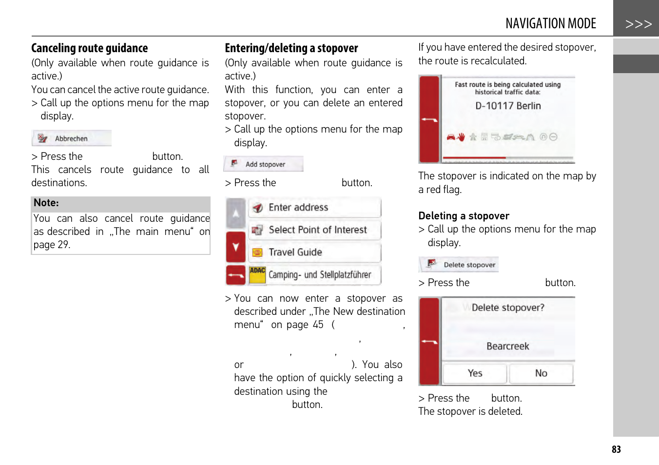 Canceling route guidance, Entering/deleting a stopover, Navigation mode | Becker mamba.4 LMU plus User Manual | Page 83 / 110