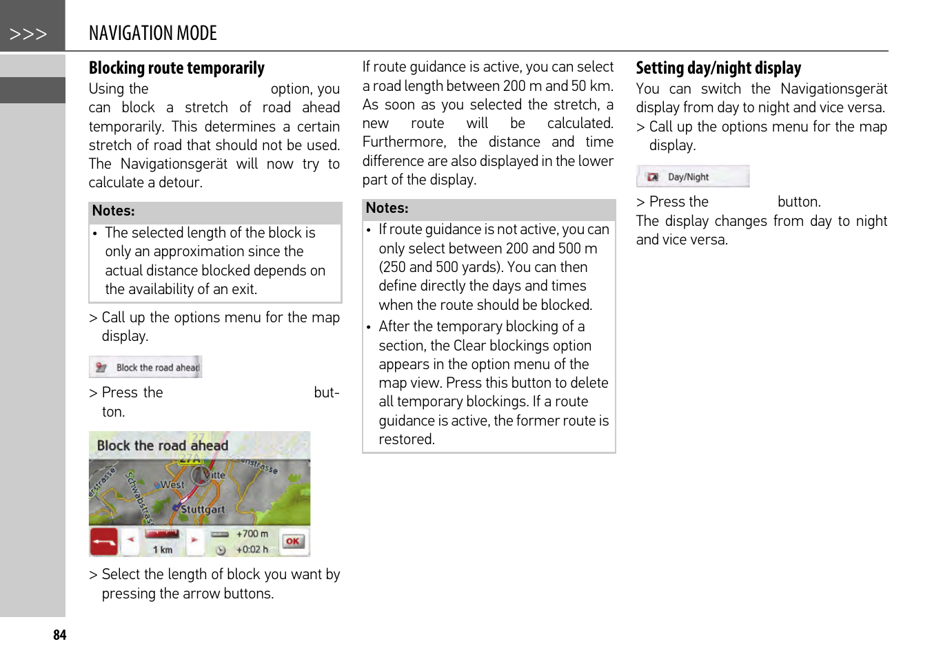 Blocking route temporarily, Setting day/night display, Navigation mode | Becker mamba.4 LMU plus User Manual | Page 84 / 110