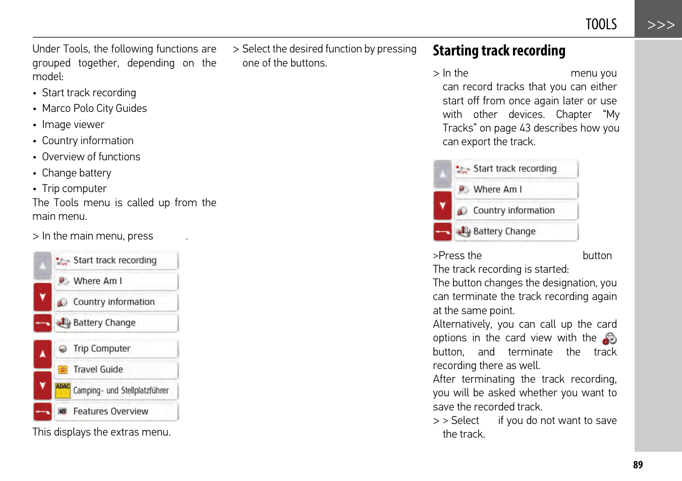 Tools, Extras, Starting track recording | Becker mamba.4 LMU plus User Manual | Page 89 / 110