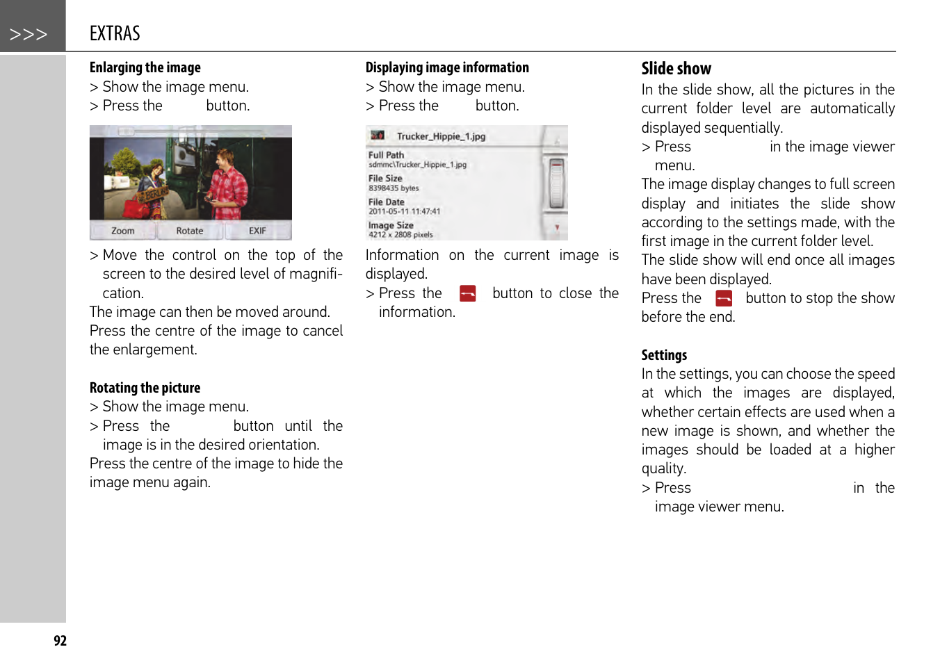 Enlarging the image, Rotating the picture, Displaying image information | Slide show, Settings, Extras | Becker mamba.4 LMU plus User Manual | Page 92 / 110