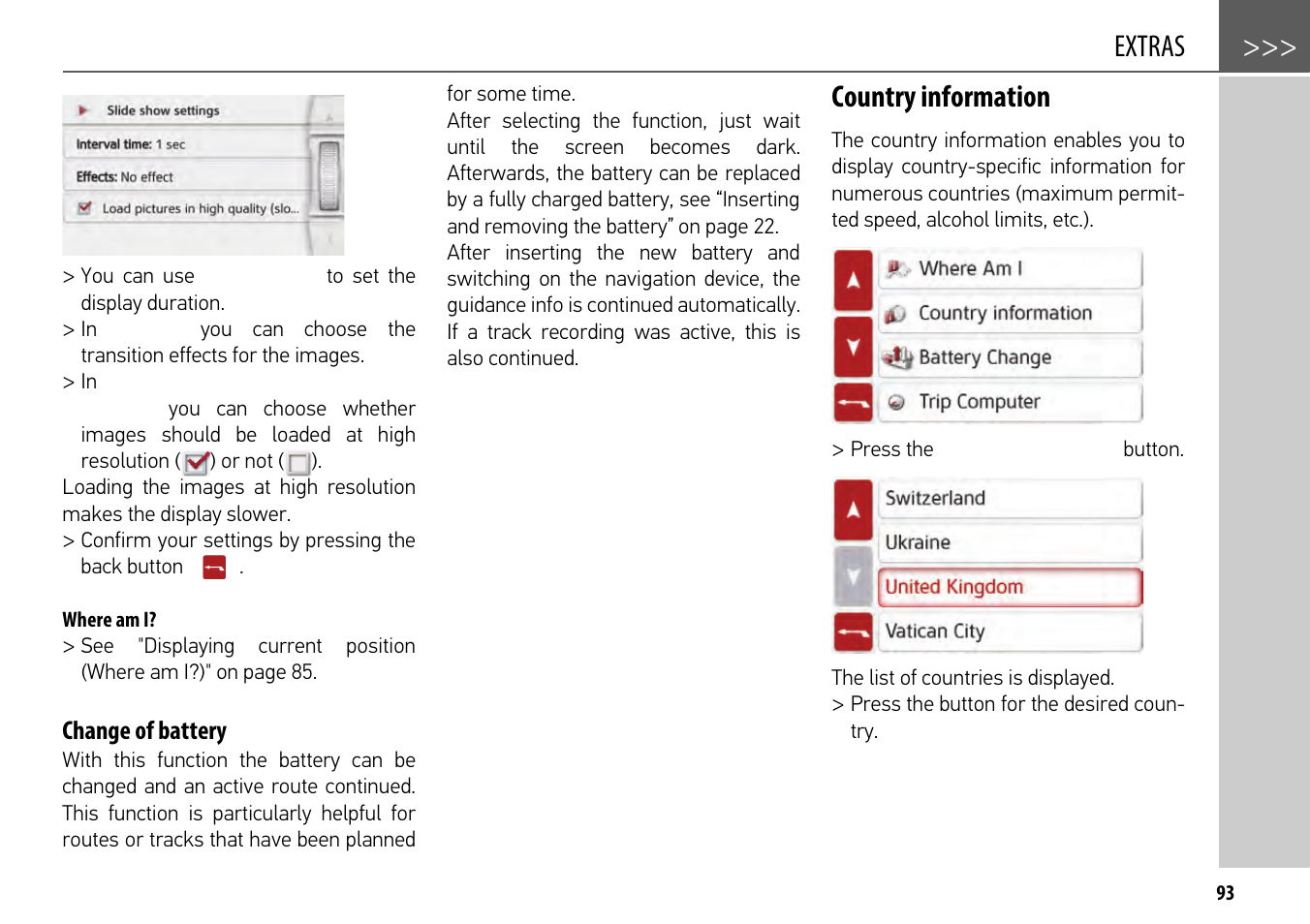 Where am i, Change of battery, Country information | Extras | Becker mamba.4 LMU plus User Manual | Page 93 / 110