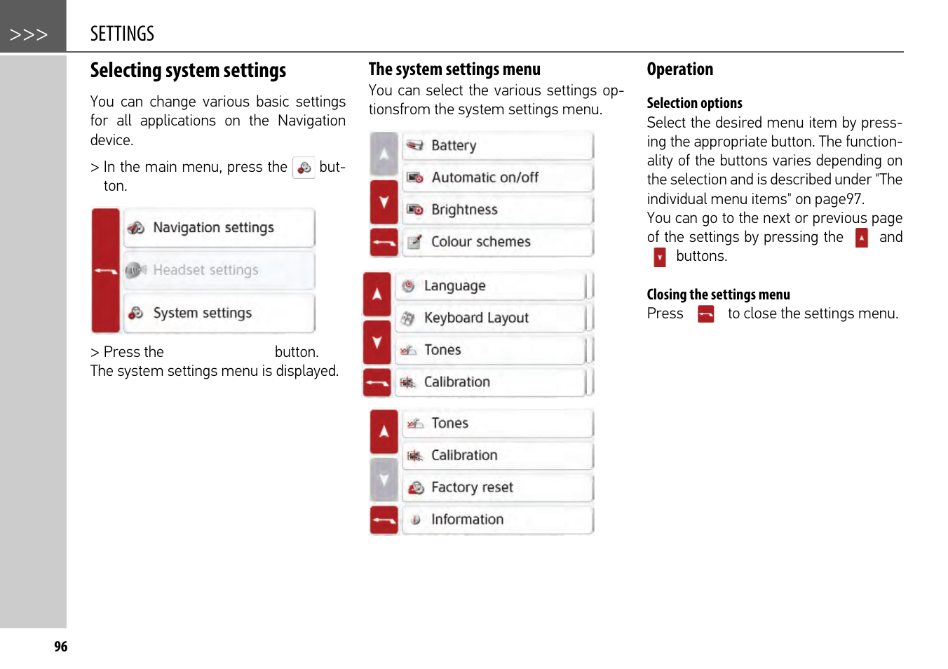 Settings, Selecting system settings, The system settings menu | Operation, Selection options, Closing the settings menu | Becker mamba.4 LMU plus User Manual | Page 96 / 110