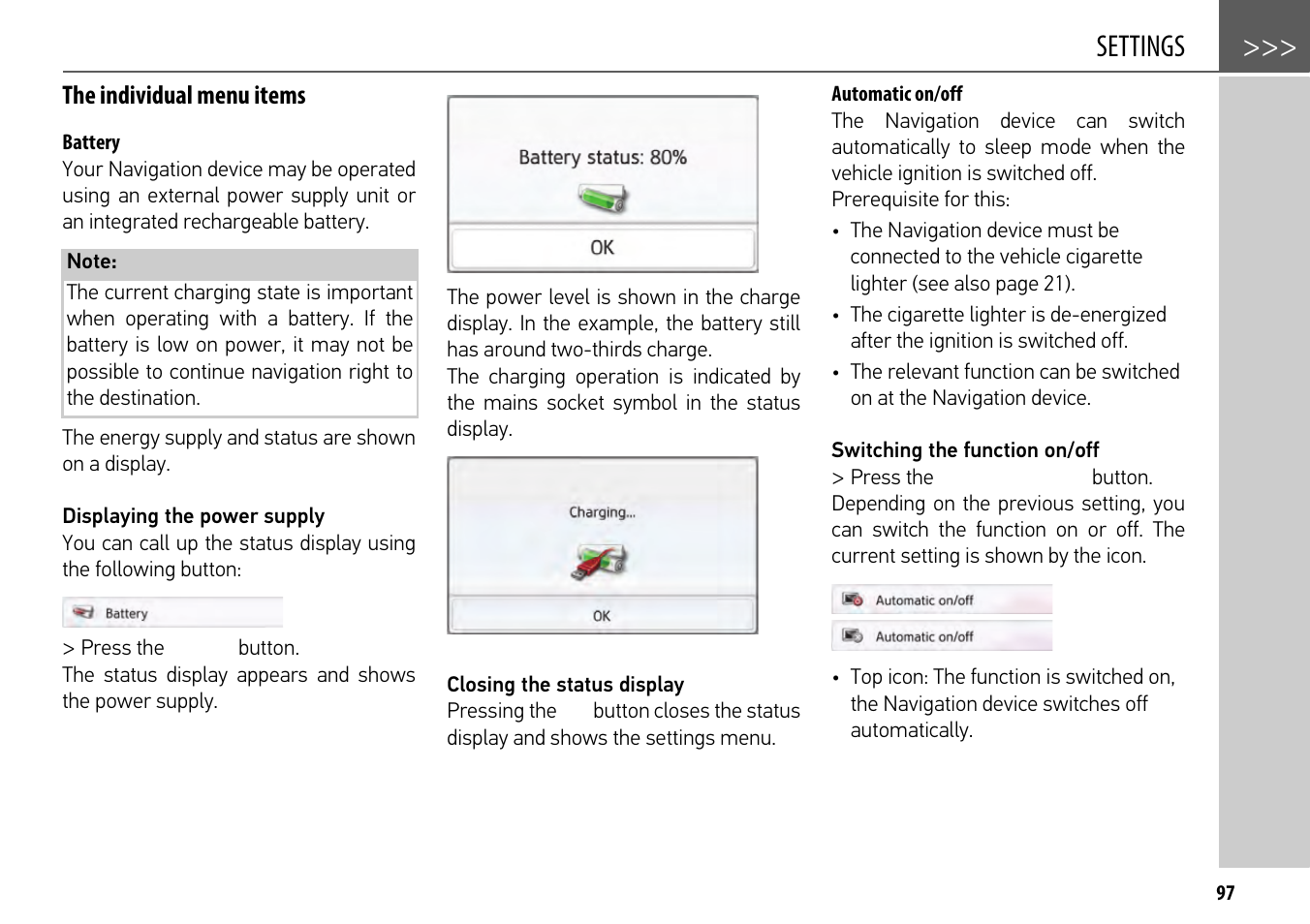 The individual menu items, Battery, Automatic on/off | Settings | Becker mamba.4 LMU plus User Manual | Page 97 / 110