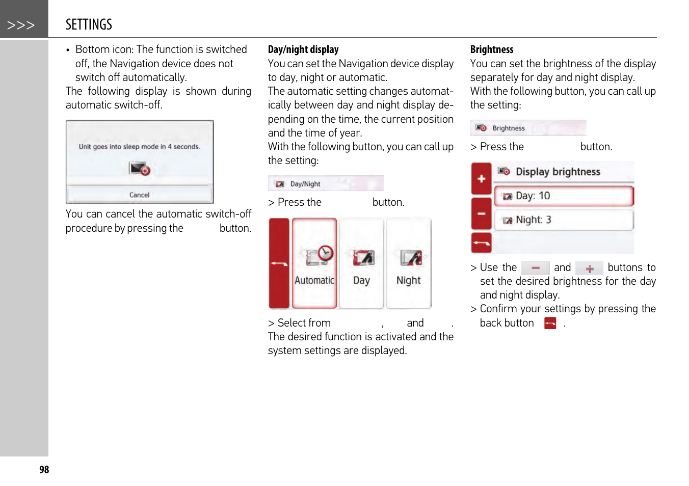 Day/night display, Brightness, Settings | Becker mamba.4 LMU plus User Manual | Page 98 / 110