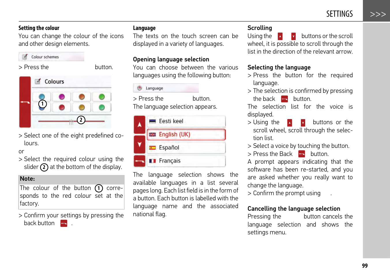 Setting the colour, Language, Settings | Becker mamba.4 LMU plus User Manual | Page 99 / 110