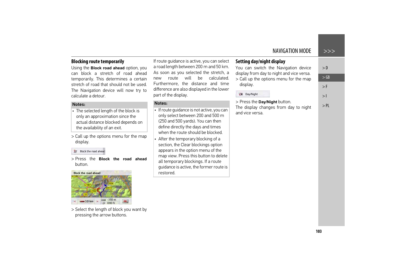 Blocking route temporarily, Setting day/night display, Navigation mode | Becker revo.2 User Manual | Page 103 / 155