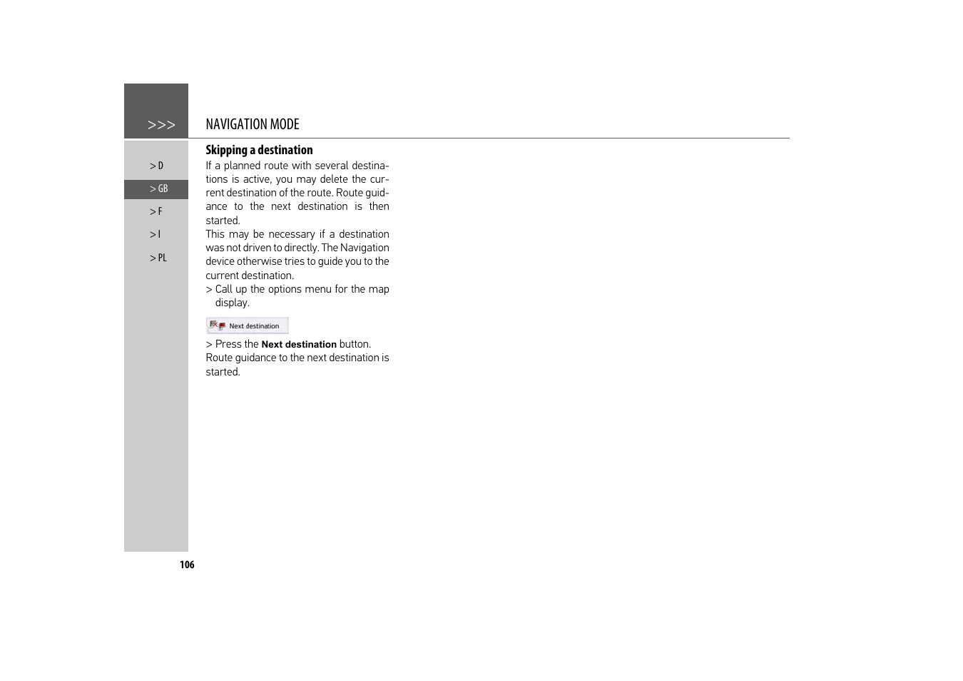 Skipping a destination, Navigation mode | Becker revo.2 User Manual | Page 106 / 155