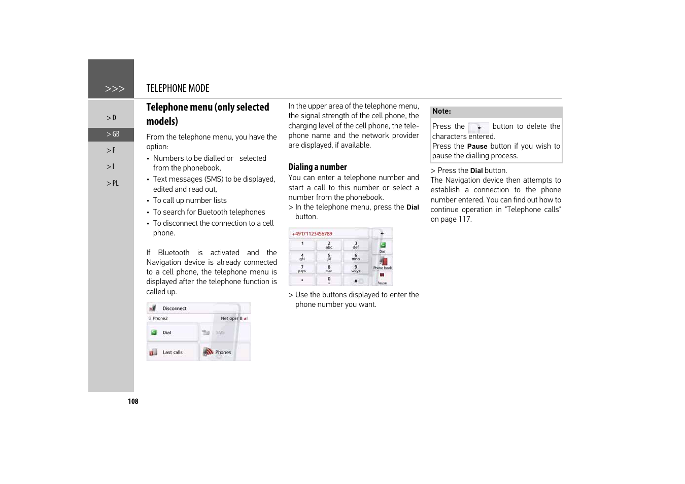 Telephone menu (only selected models), Dialing a number, Telephone mode | Becker revo.2 User Manual | Page 108 / 155