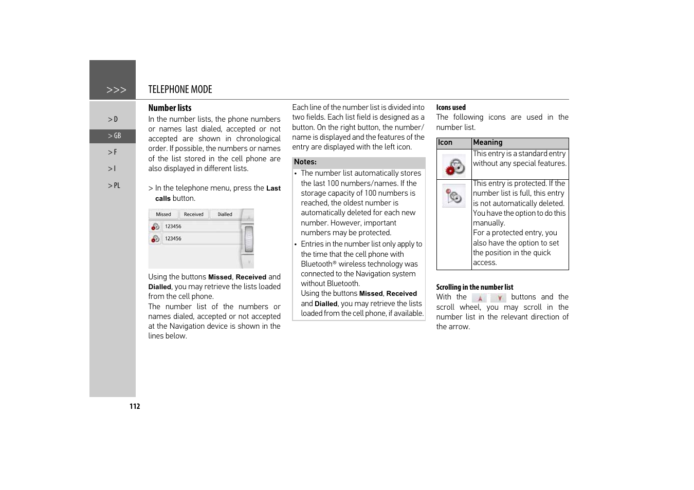 Number lists, Icons used, Scrolling in the number list | Telephone mode | Becker revo.2 User Manual | Page 112 / 155