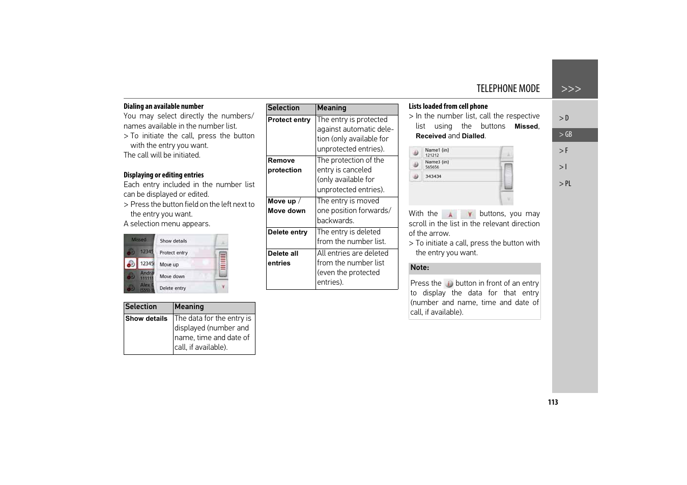 Dialing an available number, Displaying or editing entries, Lists loaded from cell phone | Telephone mode | Becker revo.2 User Manual | Page 113 / 155