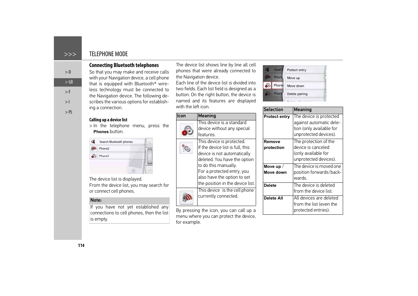 Connecting bluetooth telephones, Calling up a device list, Telephone mode | Becker revo.2 User Manual | Page 114 / 155