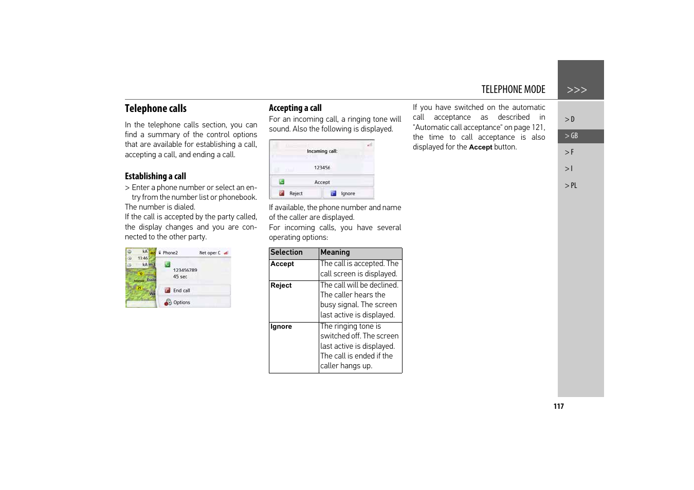 Telephone calls, Establishing a call, Accepting a call | Telephone mode | Becker revo.2 User Manual | Page 117 / 155