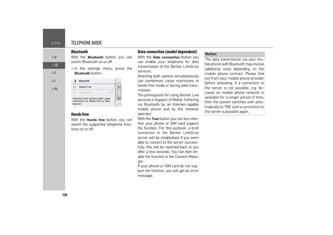 Bluetooth, Hands free, Data connection (model dependent) | Telephone mode | Becker revo.2 User Manual | Page 120 / 155