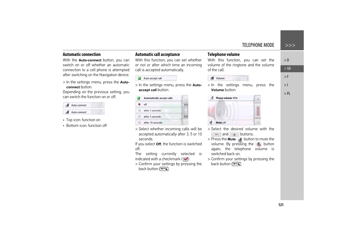 Automatic connection, Automatic call acceptance, Telephone volume | Telephone mode | Becker revo.2 User Manual | Page 121 / 155