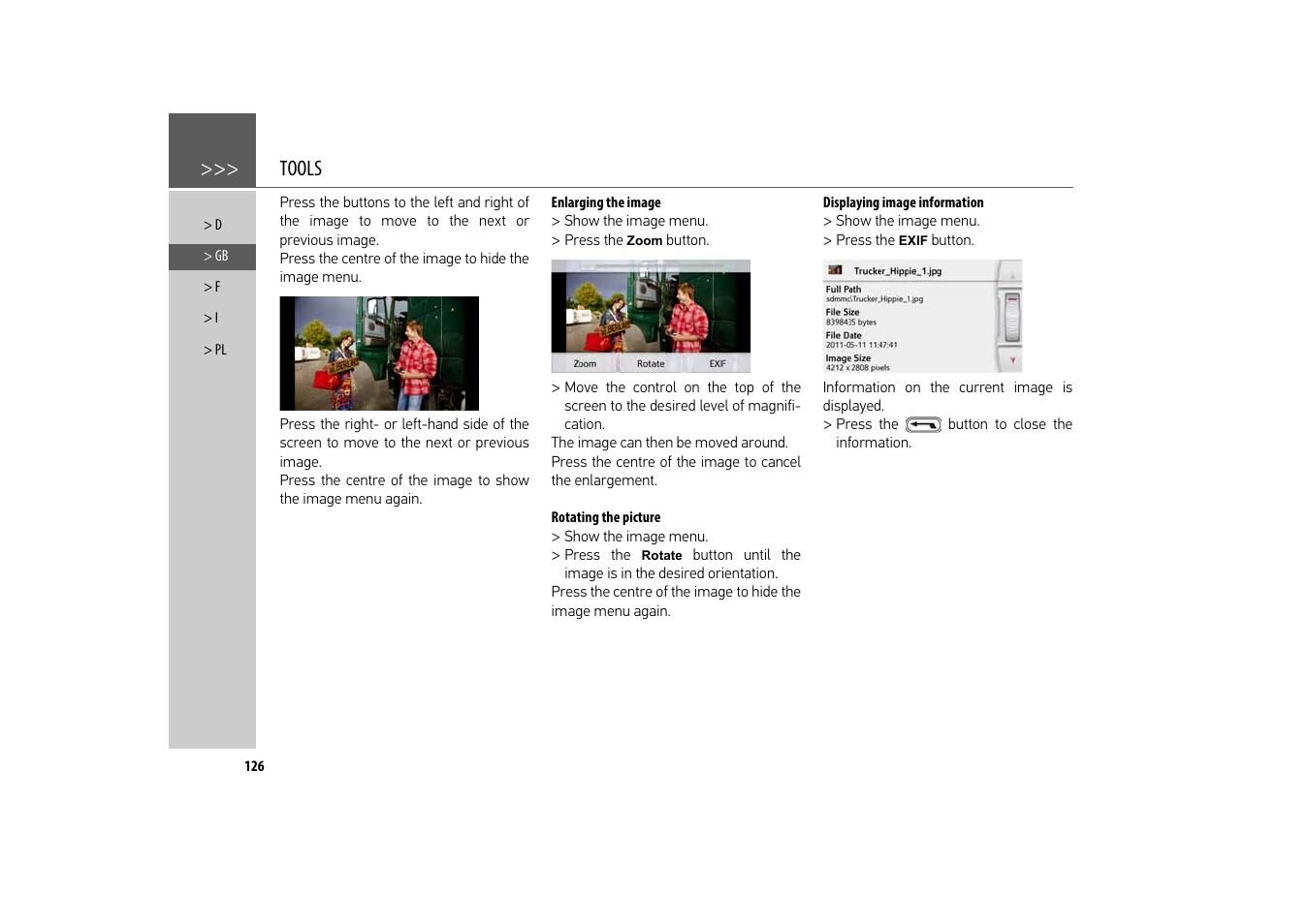 Enlarging the image, Rotating the picture, Displaying image information | Tools | Becker revo.2 User Manual | Page 126 / 155