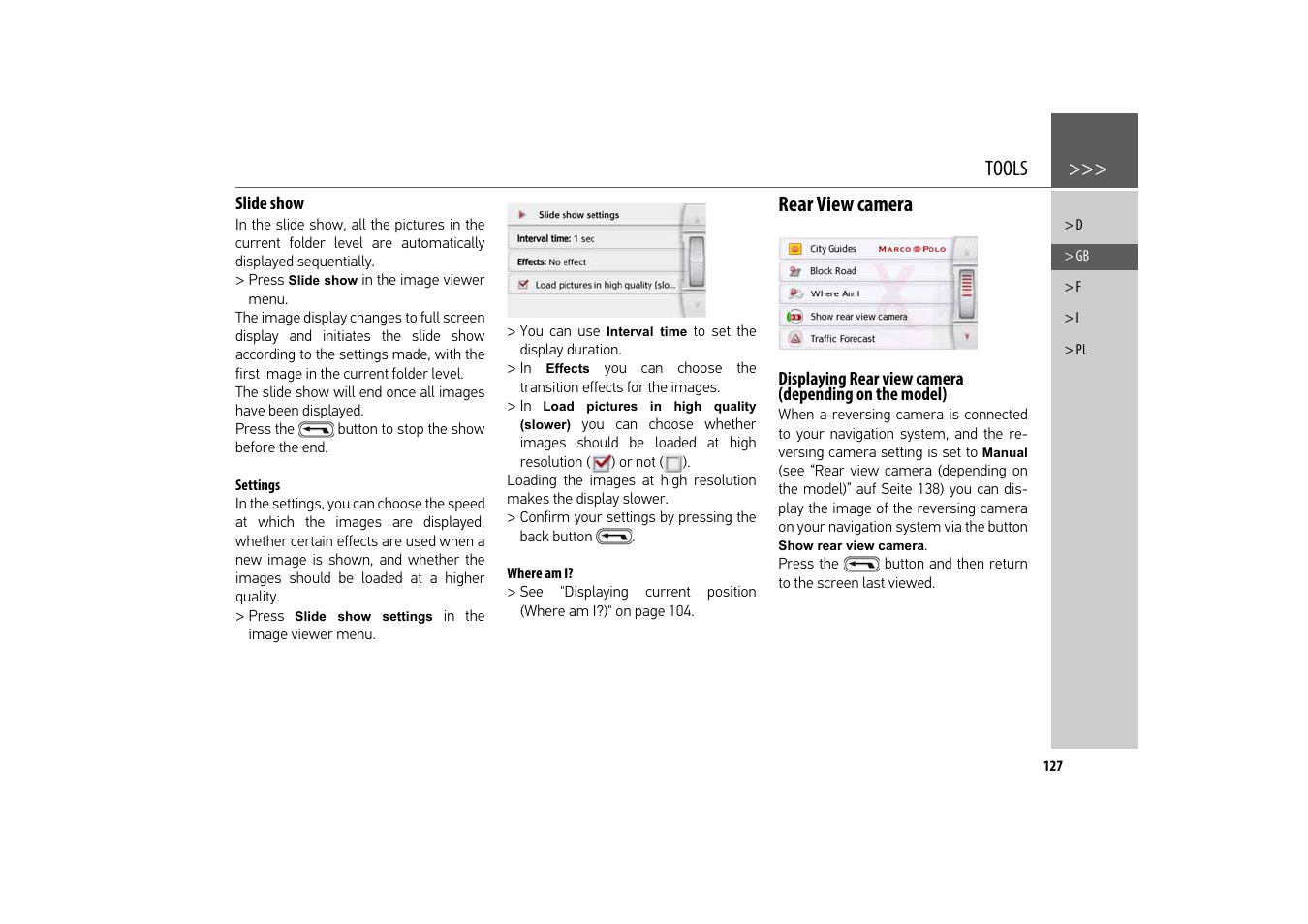 Slide show, Settings, Where am i | Rear view camera, Tools | Becker revo.2 User Manual | Page 127 / 155