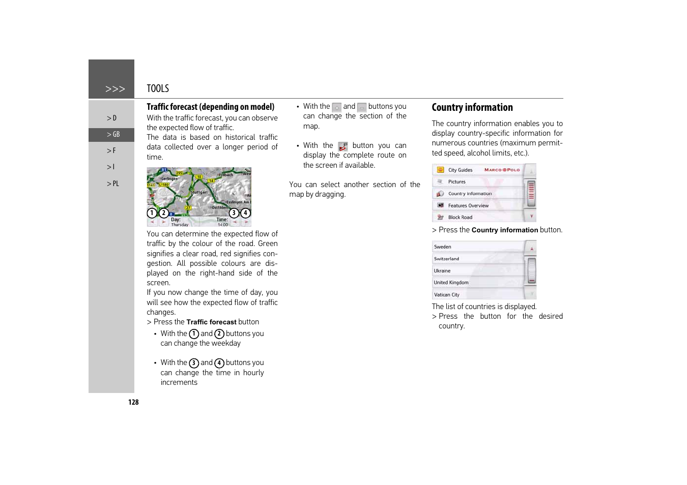 Traffic forecast (depending on model), Country information, Tools | Becker revo.2 User Manual | Page 128 / 155