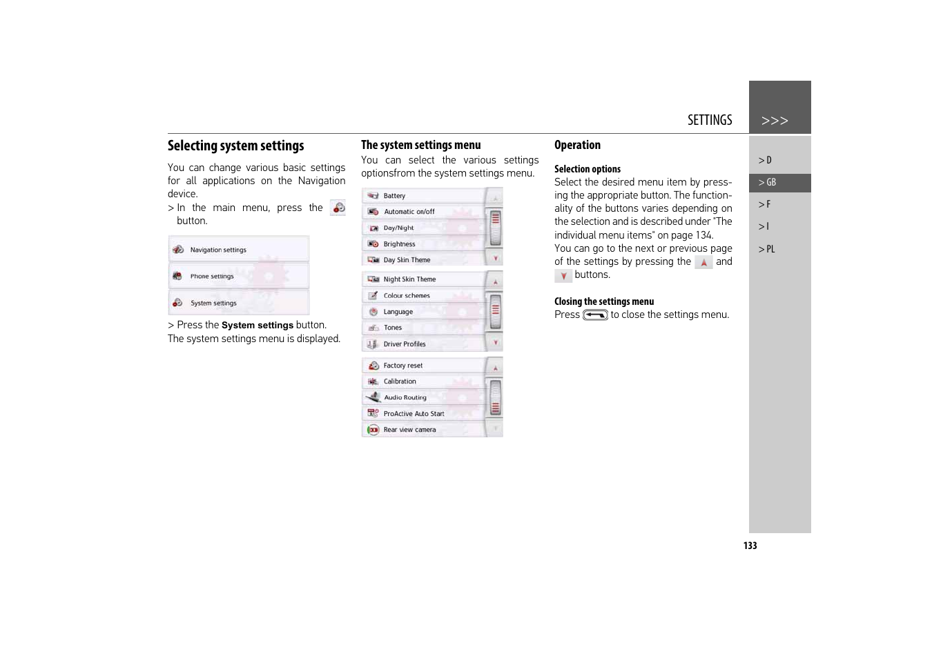 Settings, Selecting system settings, The system settings menu | Operation, Selection options, Closing the settings menu | Becker revo.2 User Manual | Page 133 / 155