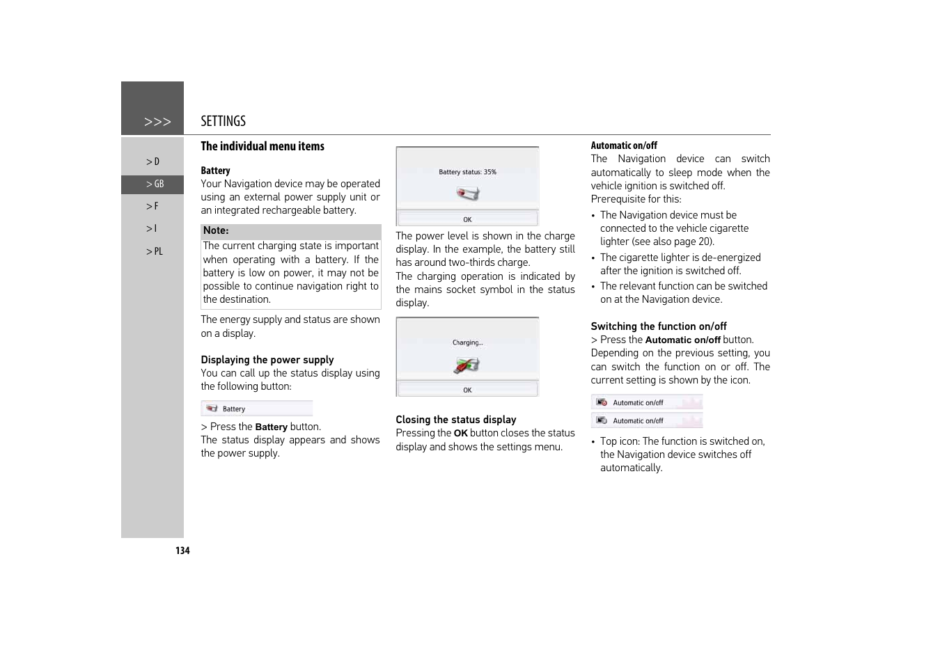 The individual menu items, Battery, Automatic on/off | Automatic on/off", desc, Settings | Becker revo.2 User Manual | Page 134 / 155