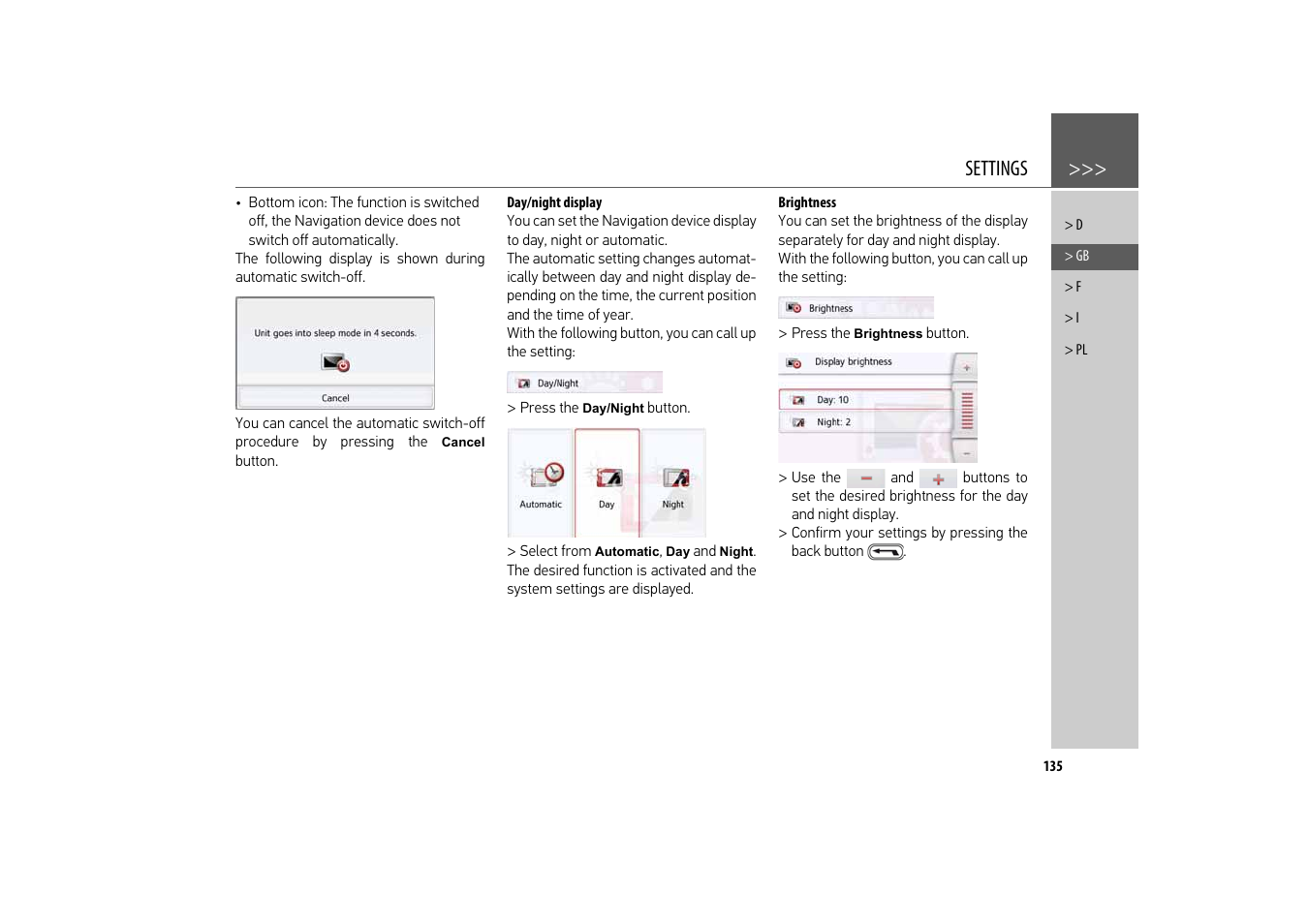 Day/night display, Brightness, Settings | Becker revo.2 User Manual | Page 135 / 155