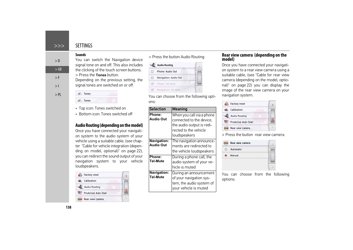 Sounds, Audio routing (depending on the model), Rear view camera (depending on the model) | Settings | Becker revo.2 User Manual | Page 138 / 155