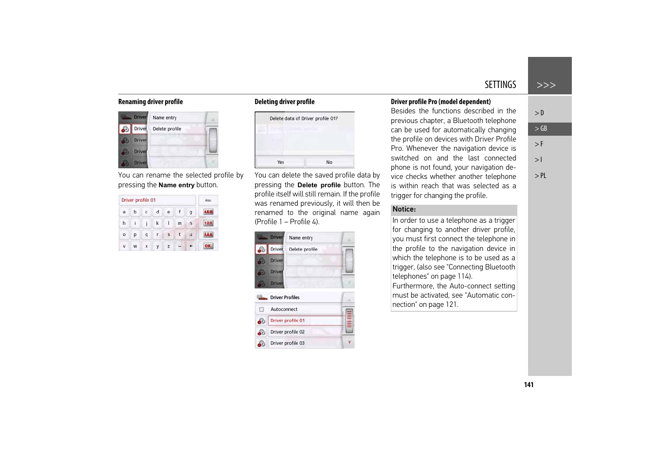 Renaming driver profile, Deleting driver profile, Driver profile pro (model dependent) | Settings | Becker revo.2 User Manual | Page 141 / 155